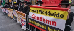 Hasidic Jewish from Anti-Zionists sect of Neturei Karta stage a counter-protest in Times Square