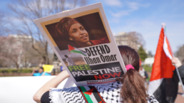 Protesters at the Walter E Washington Convention Center expressing support for Rep Ilhan Omar (D-MN) at the annual AIPAC convention
