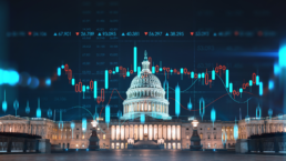 Capitol dome building at night, Washington DC, USA. Illuminated Home of Congress and Capitol Hill. Forex graph hologram. The concept of internet trading, brokerage and fundamental analysis