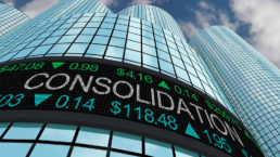 consolidation on stock market ticker on corporate hq