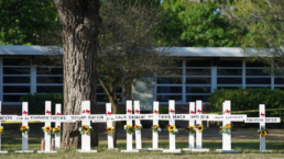 crosses for the children murdered at an elementary school in Uvalde Texas