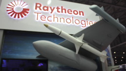 Raytheon Technologies exhibitor pavilion at Dubai Airshow 2021 exhibiting the American aerospace and defense company's latest technological innovations.