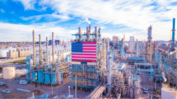 Oil Refinery with American Flag from Above. California