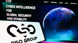 The NSO Group logo with a world map in the background