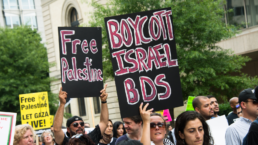 People hold signs at a BDS rally