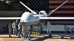 An Air Force MQ-9 Reaper drone undergoing maintenance in a hangar at Columbus Air Force Base, MS.