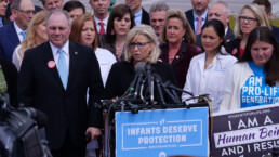Liz Cheney speaks at a podium at a pro-life event