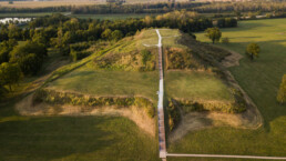 The largest earthen mound in North America, aerial view of Monk's Mound at Cahokia.