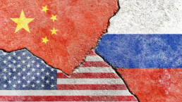 Grunge China vs USA vs Russia national flags icon pattern isolated on broken wall with cracks, abstract China US Russia politics relationship divided conflicts concept texture background wallpaper