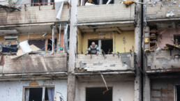 War of Russia against Ukraine. A residential building damaged by an enemy aircraft in the Ukrainian capital Kyiv