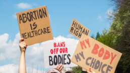 Protesters holding signs Abortion Is Healthcare, My Body My Choice, Bans Off Our Bodies, Human rights. People with placards supporting abortion rights at protest rally demonstration.