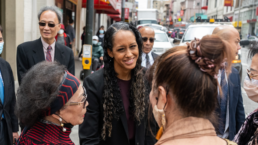Brooke Jenkins talks with constituents on the street in SF