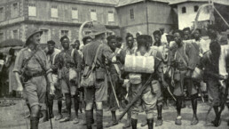 British native troops embarking at Freetown, Sierra Leone for German Cameroon. 1914. They captured the colonial capital of Douala on Sept. 27, 1914. In June 1915 the German garrison at Garoua fell.
