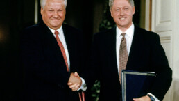 Russian President Boris Yeltsin and President William Clinton shake hands at a news conference in the East Room of the White House, Washington DC., September 28Th, 1994.