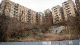 Apartment buildings high on a bluff seen from Overlook Terrace in the densely populated Washington Heights in Upper Manhattan in New York