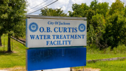 A sign outside Jackson's water treatment facility
