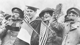 People celebrate armistice day in a contemporaneous photo