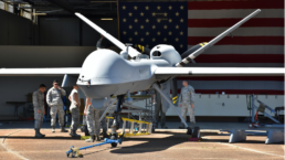 An Air Force MQ-9 Reaper drone undergoing maintenance in a hangar at Columbus Air Force Base, MS.