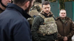 President of Ukraine Volodymyr Zelenskyy visit Bucha town after liberation it from Russian occupiers during Russian Ukrainian war