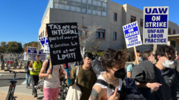University of California, Davis students and workers participate in a protest for fair pay and working conditions as part of a wider UC-wide strike.