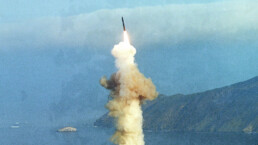 A Minuteman III intercontinental ballistic missile is launched from a pad on Vandenberg Air Force base. Aug. 20 1982.