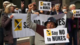 say no to nukes demonstration and picket in San Francisco CA signs read Say No To Nukes