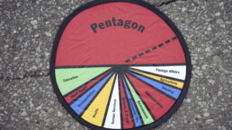 US budget on a frisbee, showing that Pentagon budget is more than 50% of US budget, Des Moines, Iowa