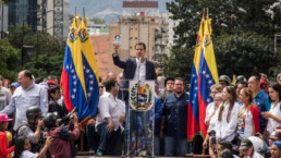President of Venezuelan National Assembly Juan Guaido talks to the people during a rally.