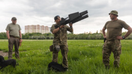 A serviceman holds an anti-drone rifle in Ukraine