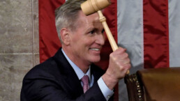 Newly elected Speaker of the US House of Representatives Kevin McCarthy holds the gavel after he was elected on the 15th ballot at the US Capitol