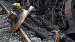 a derailed train wreckage showing its wheels off the track