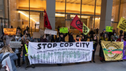 Protesters gathered on 5th Avenue and march to JP Morgan Headquarters in New York to rally against Atlanta Cop City on March 9, 2023