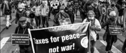 taxes for peace - not war banner at rally