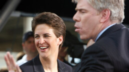 MSNBC TV pundits Rachel Maddow and David Gregory speak during a live broadcast from the 2008 Democratic National Convention