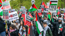 Palestinian protesters at the Save Sheikh Jarrah rally for a Free Palestine, urging the UK government to take immediate action and stop allowing Israel to act with impunity.