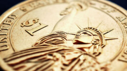 Fragment of American one dollar coin. Statue of Liberty and the sign of national currency. US economy and money. USA public debt and treasurys. Macro