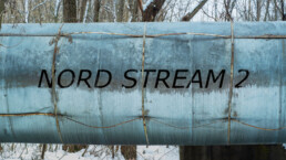 Passing through the snowy forest pipeline with the inscription NORD STREAM 2