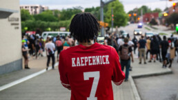 Raleigh,NC/USA 05/2020 Black Lives Matter March protester in a Colin Kaepernick football jersey