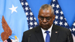 US Secretary of Defense Lloyd Austin speaks during a press conference during a two-day meeting of the alliance's Defence Ministers at the NATO Headquarters