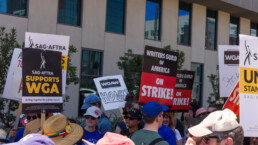 Writers and Actors Strike in front of Netflix Building, in Hollywood, Los Angeles