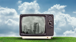 a tv showing a factory against a blue sky with green grass