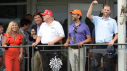 Marjorie Taylor Greene, Tucker Carlson,Mr.Trump,Donald Trump Jr, and Eric Trump at the LIV golf Tournament held at the Trump National Golf Club in Bedminster,NJ.