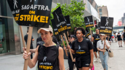 New York NY USA-July 14, 2023 Members of SAG-AFTRA and other union supporters picket outside the HBOAmazon offices in the Hudson Yards neighborhood in New York