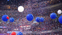 fter Secretary Clinton completes her address at the Democratic National Committee Convention the ballon drop followed.