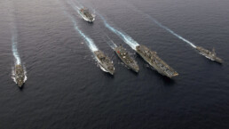 Aerial view US Navy Ships crossing Taiwan straight international waters and entering South China Sea, July 8th, 2023