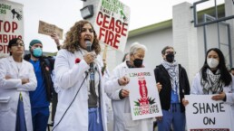 Maisa Morrar speaks at a rally of health care workers in front of the L3 Harris office in San Leandro on Jan. 24, 2024.