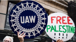 a uaw and free palestine sign held up next to each other