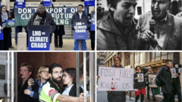 A huge coalition campaigned against LNG. Including, from top left clockwise: Vessel Project (Photo: Jamie Henn), Climate Defiance, Extinction Rebellion DC, and Third Act.