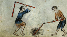 two peasants thrash wheat in a medieval era drawing