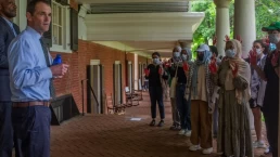 University of Virginia President Jim Ryan exiting Pavilion VI is confronted by students protesting his decision to break up an anti-war demonstration, Thursday, May 9, 2024.